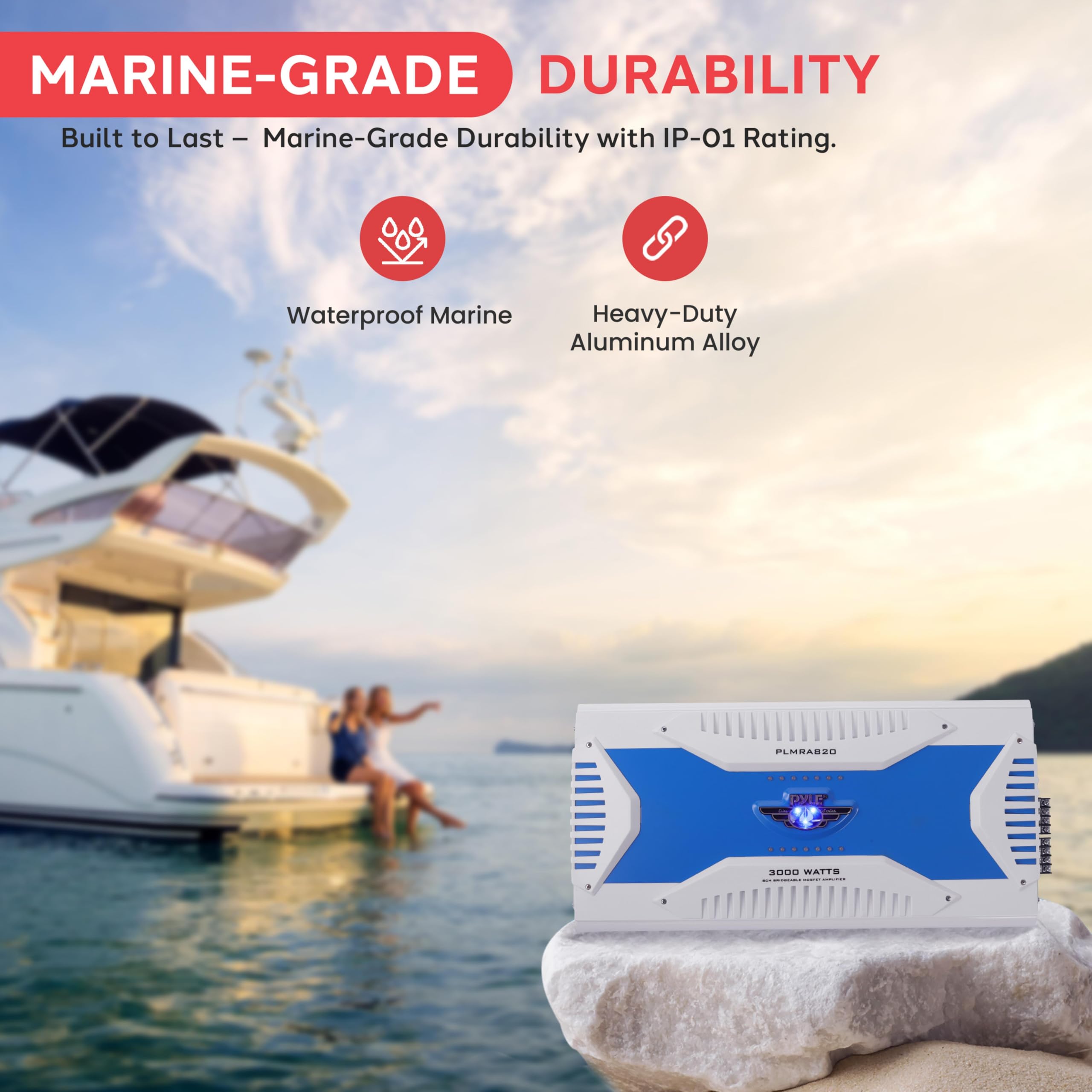 Pyle Hydra Marine Amplifier   Upgraded Elite Series 3000 Watt 8 Channel Bridgeable Amp Tri Mode Configurable, Waterproof, Mosfet